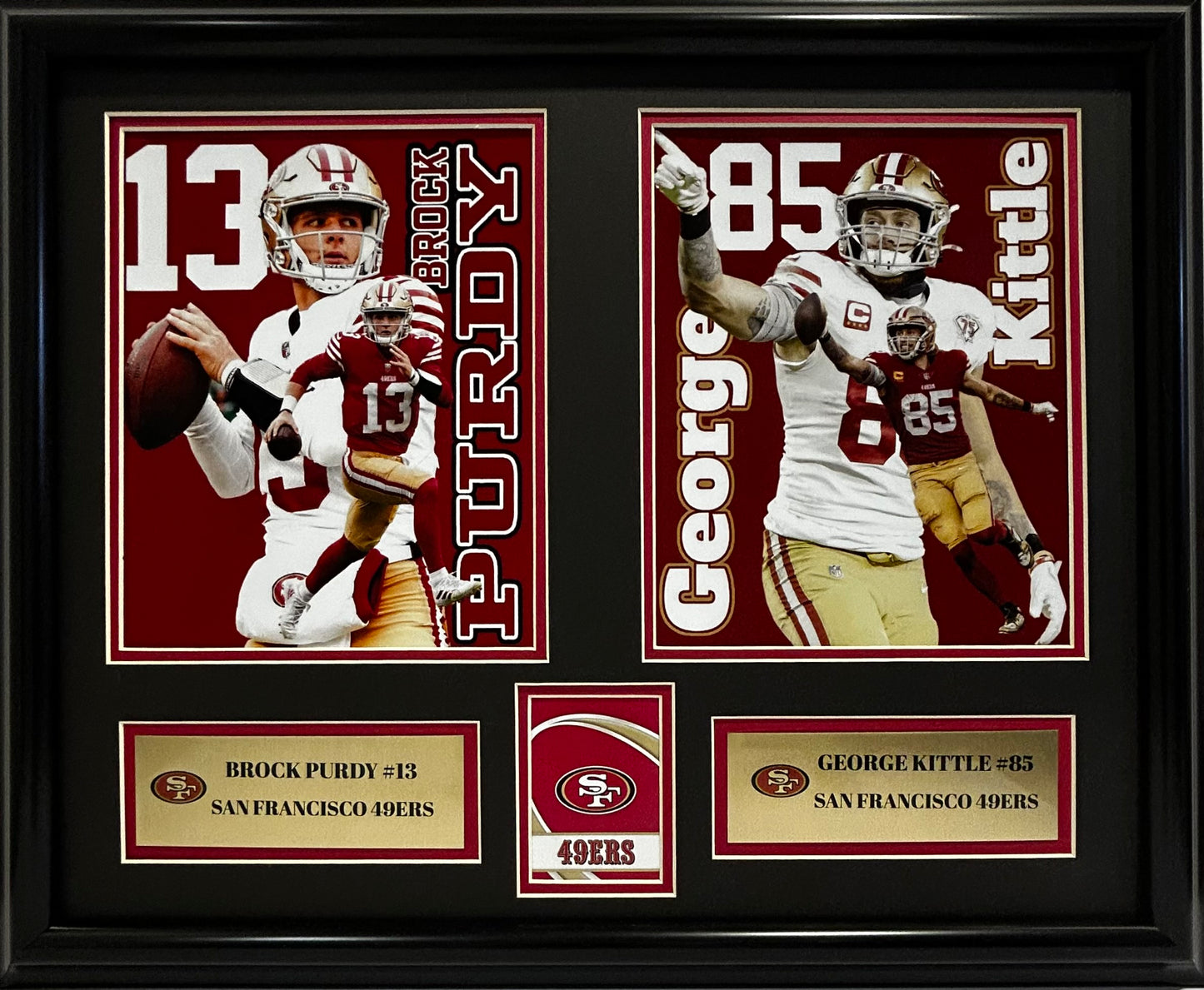 SAN FRANCISCO 49ERS BROCK PURDY/GEORGE KITTLE 16X20 DOUBLE MATTED PHOTOS FRAMED
