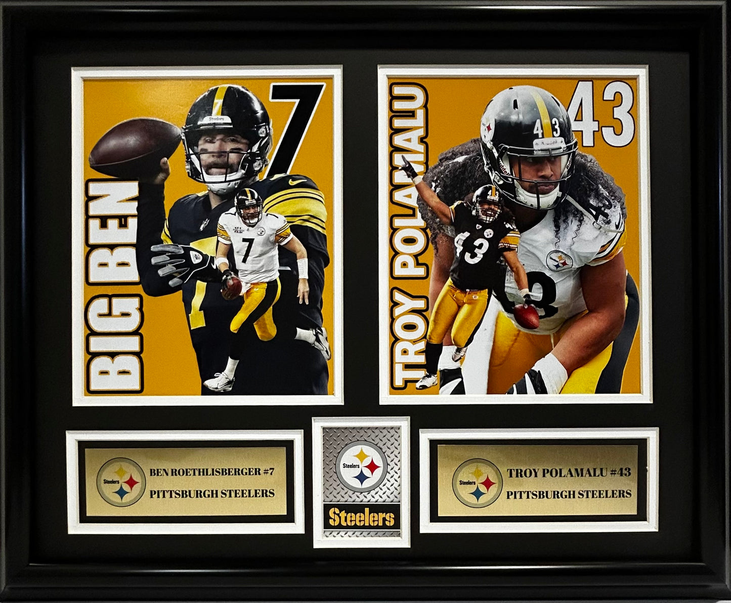PITTSBURGH STEELERS BEN ROETHLISBERGER/TROY POLOMALU 16X20 DOUBLE MATTED PHOTOS FRAMED