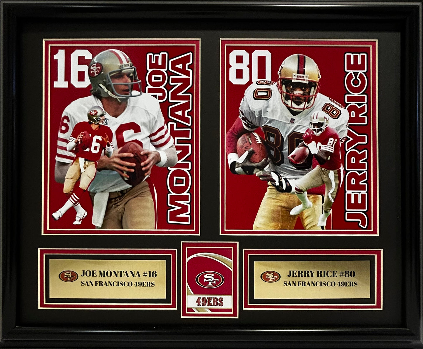 SAN FRANCISCO 49ERS JOE MONTANA/JERRY RICE 16X20 DOUBLE MATTED PHOTOS FRAMED