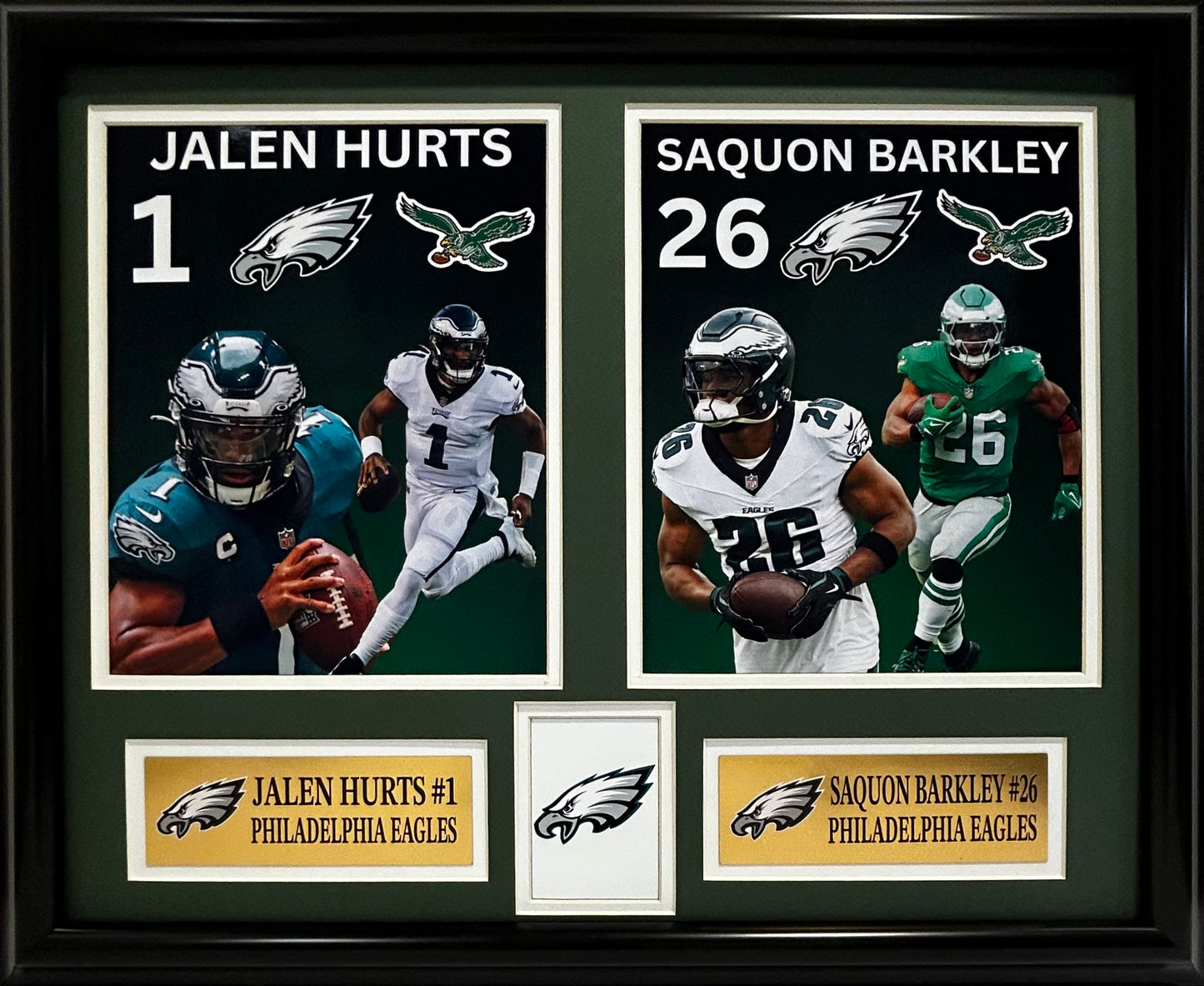 PHILADEPLHIA EAGLES JALEN HURTS/SAQUON BARKLEY 16X20 DOUBLE MATTED PHOTOS FRAMED