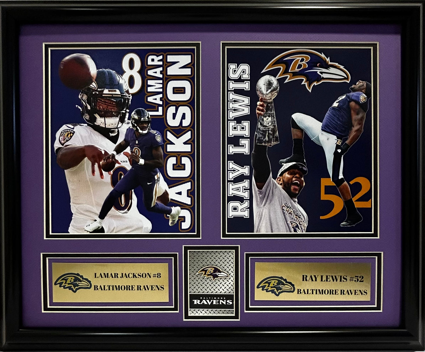 BALTIMORE RAVENS LAMAR JACKSON/RAY LEWIS 16X20 DOUBLE MATTED PHOTOS FRAMED