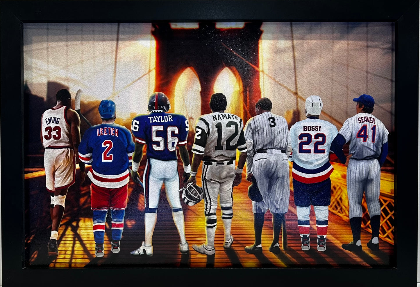 NY Greats Ewing,Leetch,Taylor,Namath,Ruth,Bossy,Seaver 12x18 framed artwork print