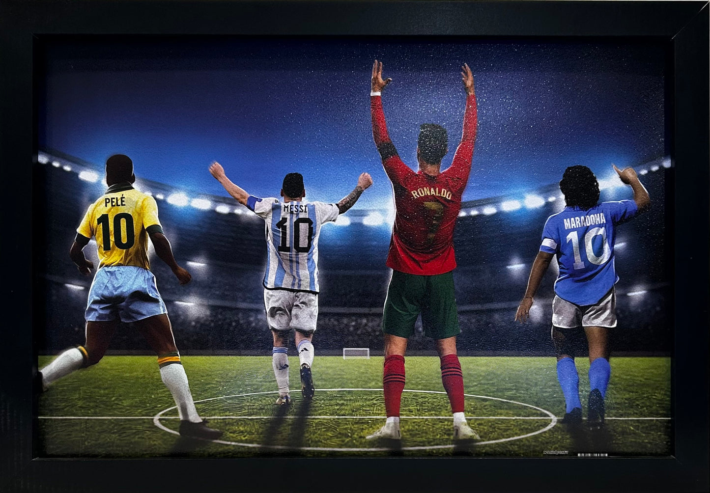 SOCCER GREATS PELE,MARADONA,MESSI,RONALDO 12X18 FRAMED ARTWORK PRINT