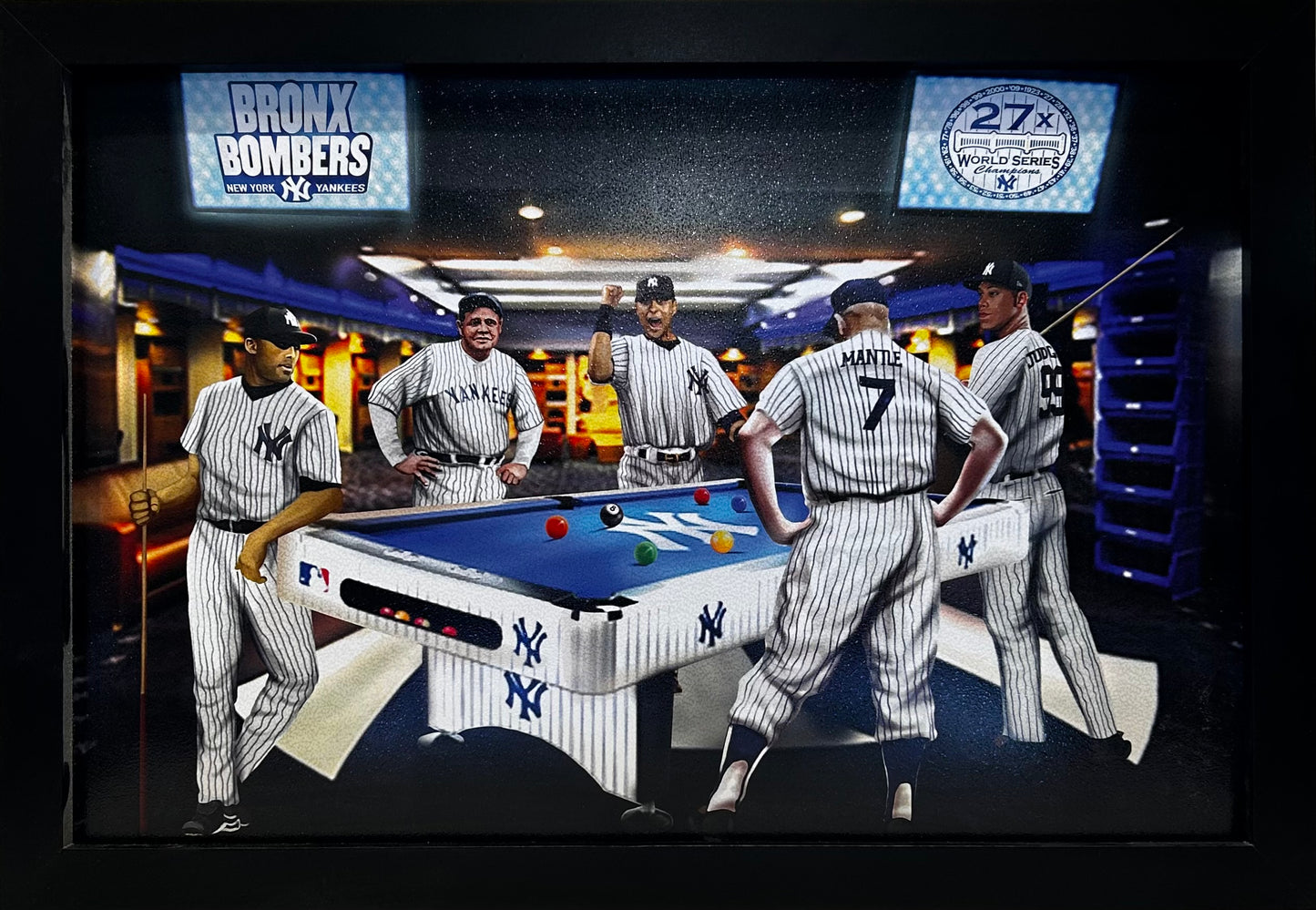NEW YORK YANKEES LOCKEROOM JUDGE,RIVERA,JETER,MANTLE,RUTH 12X18 FRAMED ARTWORK PRINT
