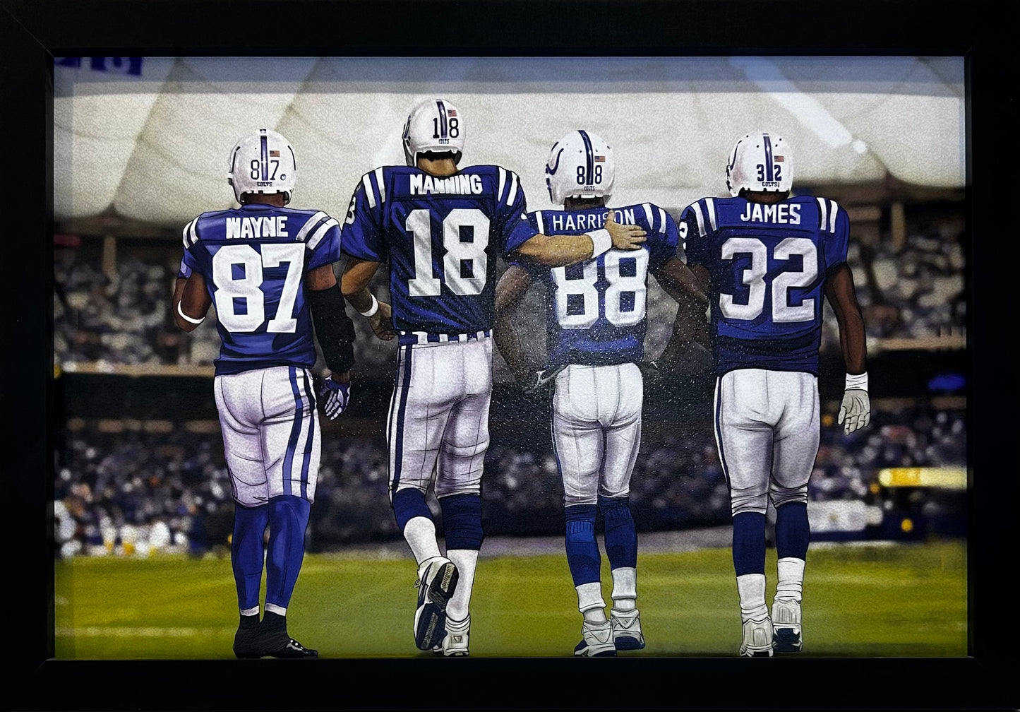 INDIANAPOLIS COLTS GREATS WAYNE,MANNING,HARRISON ,JAMES 12X18 FRAMED ARTWORK PRINT