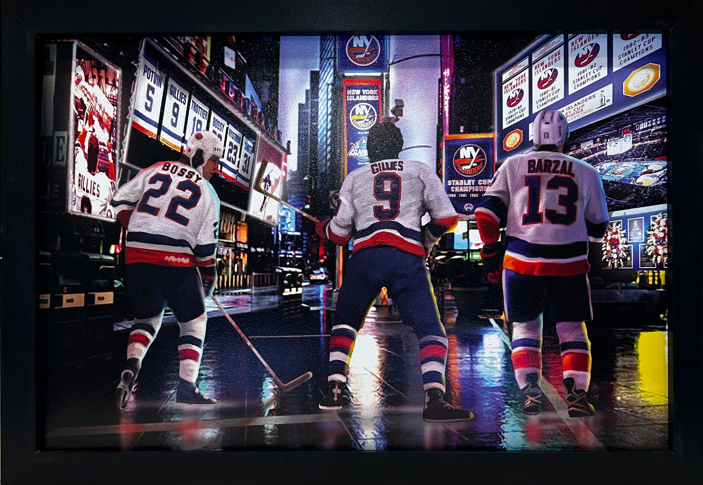 NEW YORK ISLANDERS TIMESQUARE BOSSY,GILLIES,BARZAL 12X18 FRAMED ARTWORK PRINT