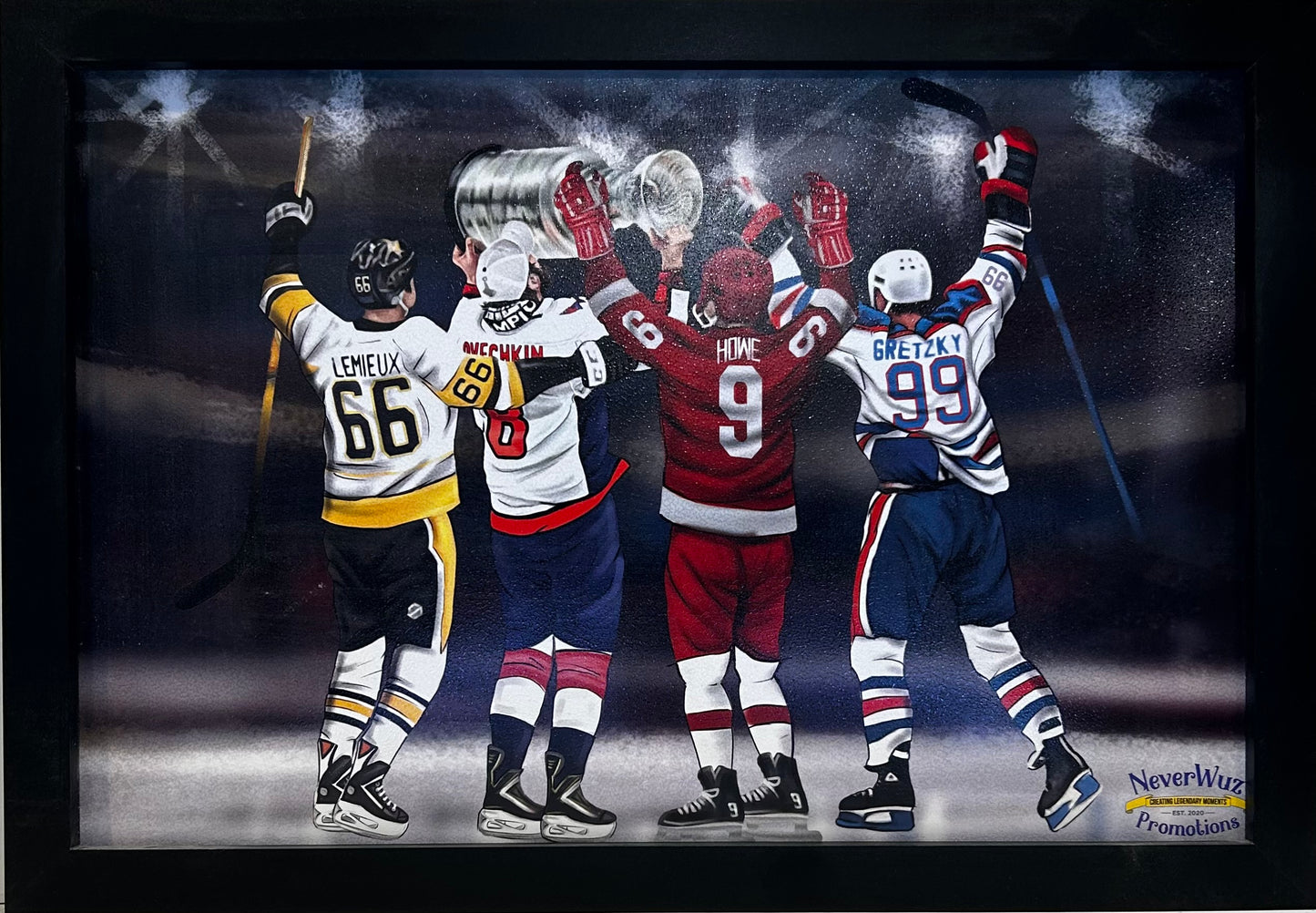 HOCKEY GREATS LEMIEUX,OVECHKIN,HOWE,GRETZKY 12X18 FRAMED ARTWORK PRINT