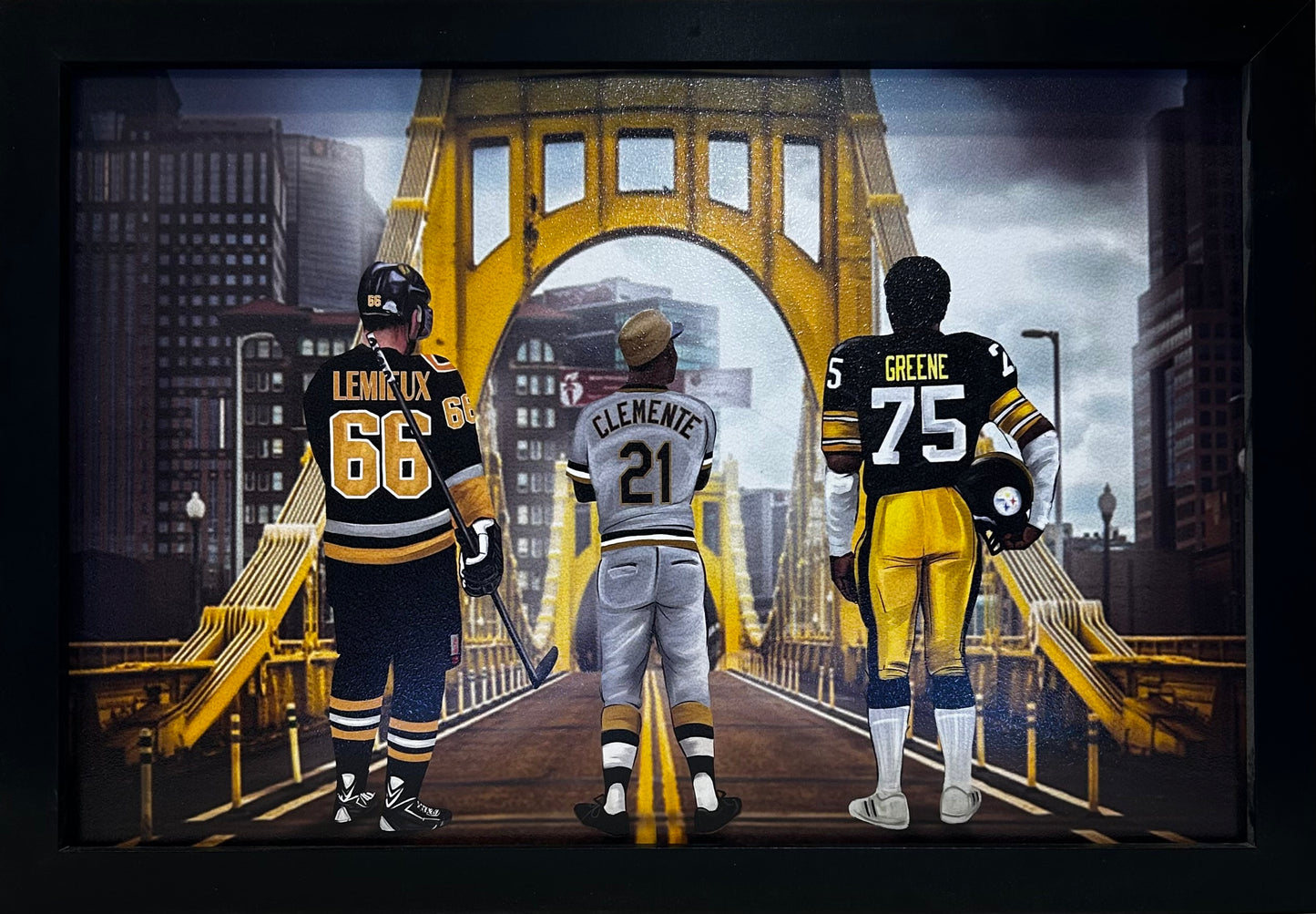 PITTSBURGH GREATS LEMIEUX,GREENE,CLEMENTE 12X18 FRAMED ARTWORK PRINT
