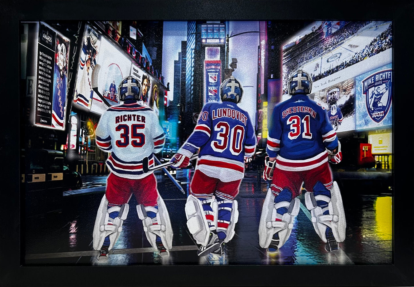 NEW YORK RANGERS 3 GOALIES IN TIMESQUARE RICHTER,LUNDQVIST,SHESTERKIN 12X18 FRAMED ARTWORK PRINT