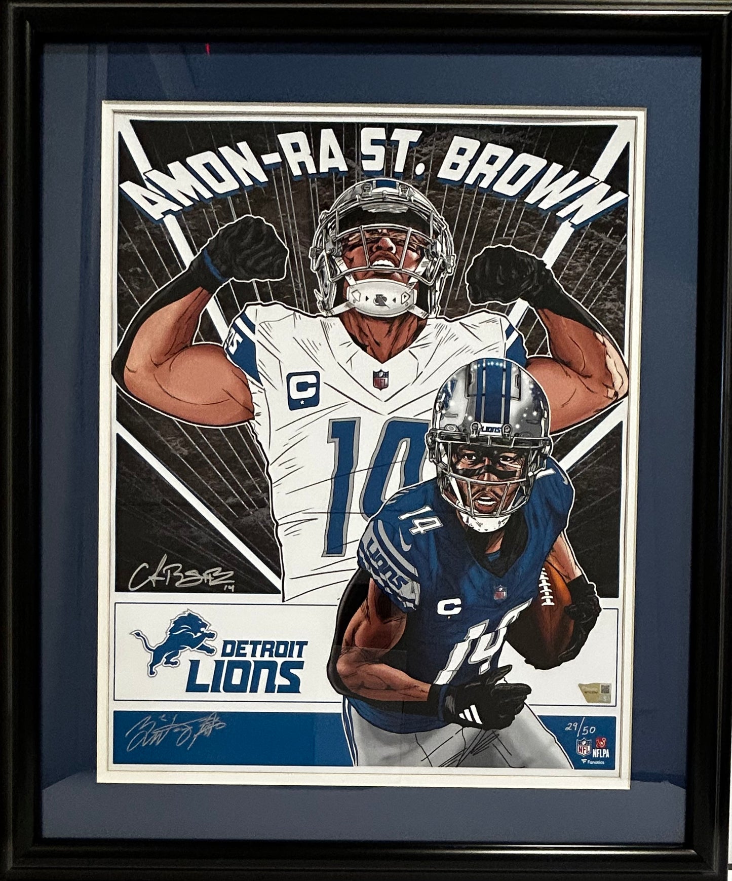 DETROIT LIONS AMON ST-BROWN SIGNED 16X20 PHOTO 29/50 DOUBLE MATTED AND FRAMED 20X24 CERTIFIED FANATICS