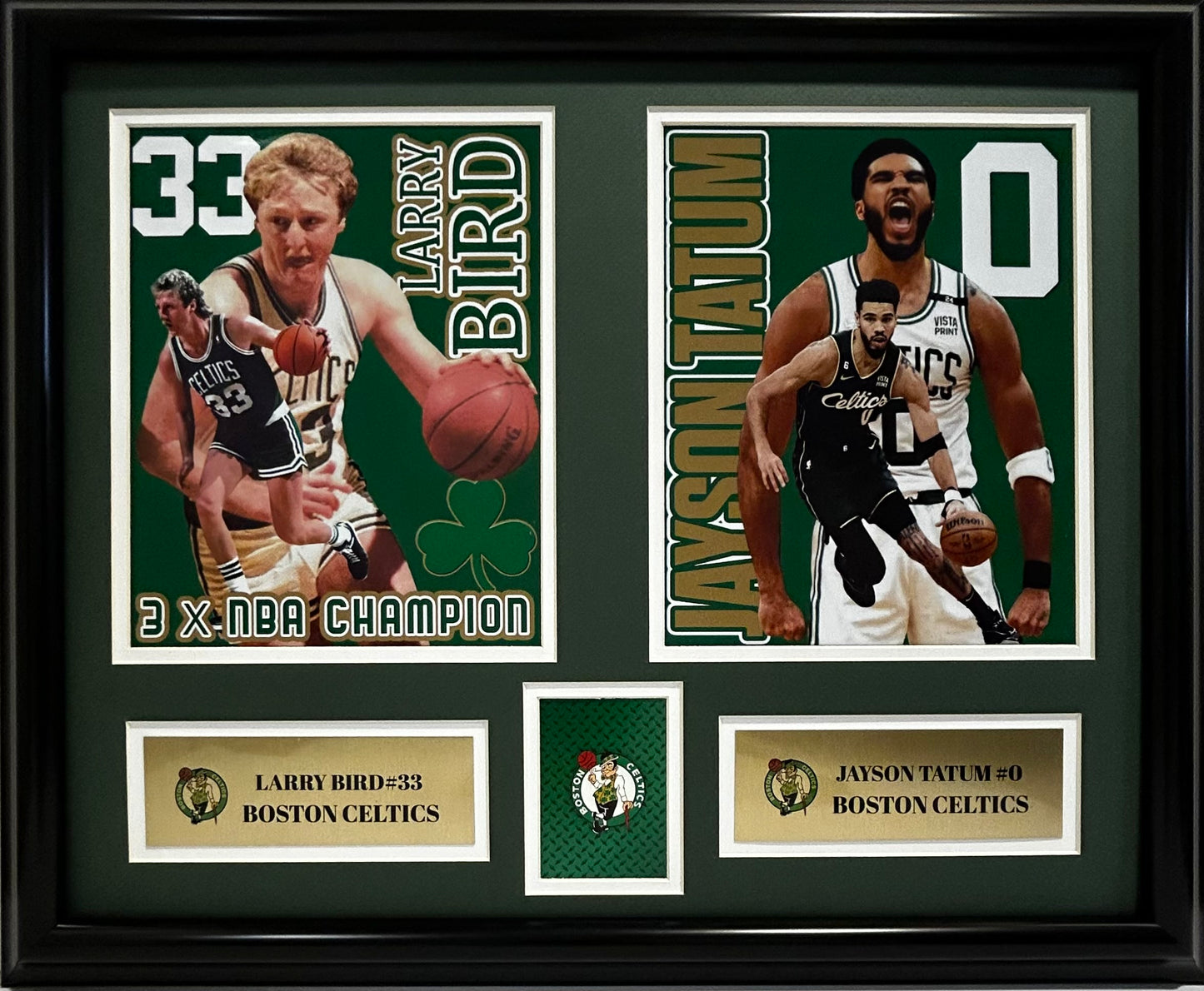 BOSTON CELTICS LARRY BIRD/JAYSON TATUM 16X20 DOUBLE MATTED PHOTOS AND FRAMED