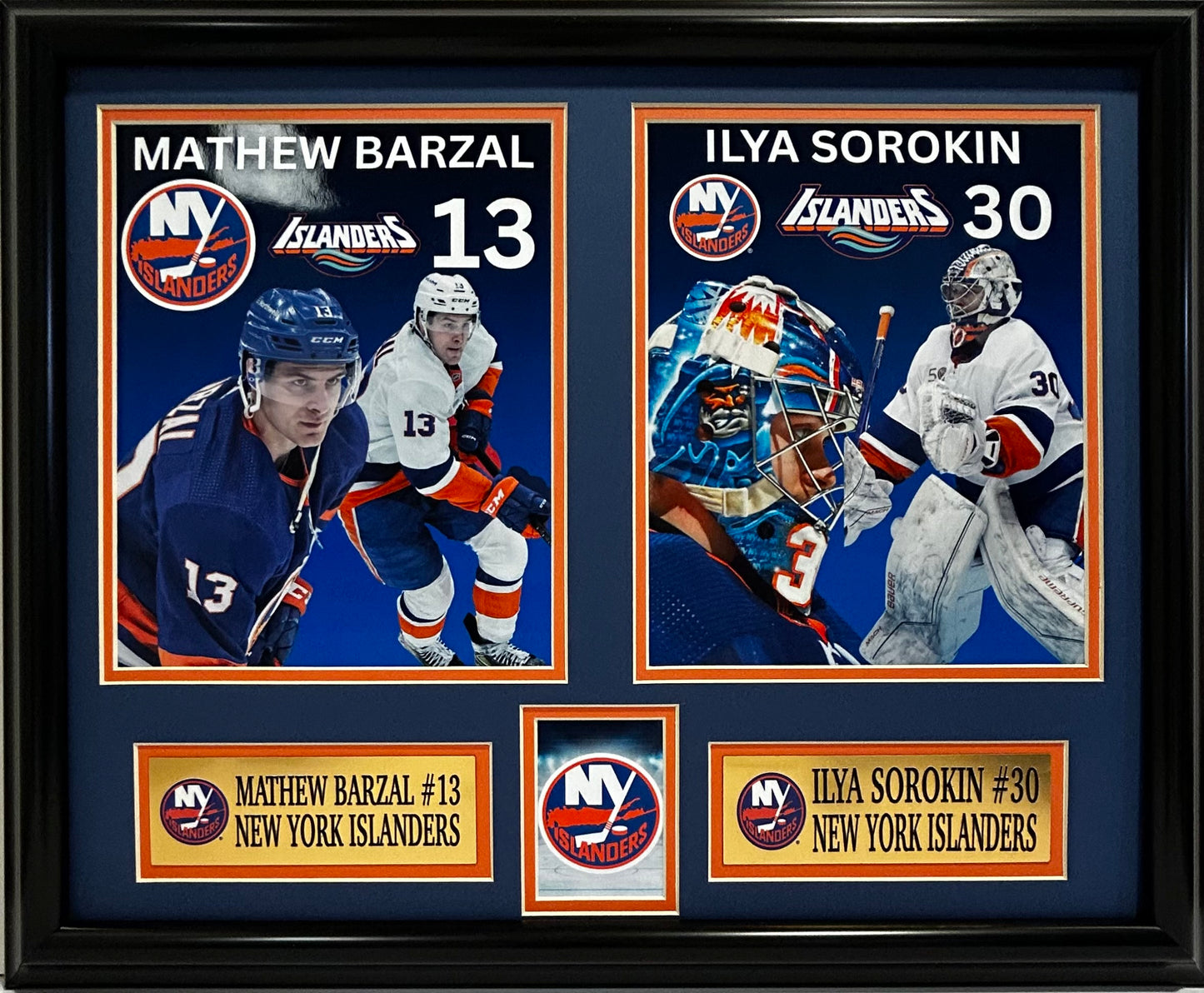 NEW YORK ISLANDERS MATHEW BARZAL/ILYA SOROKIN 16X20 DOUBLE MATTED PHOTOS AND FRAMED