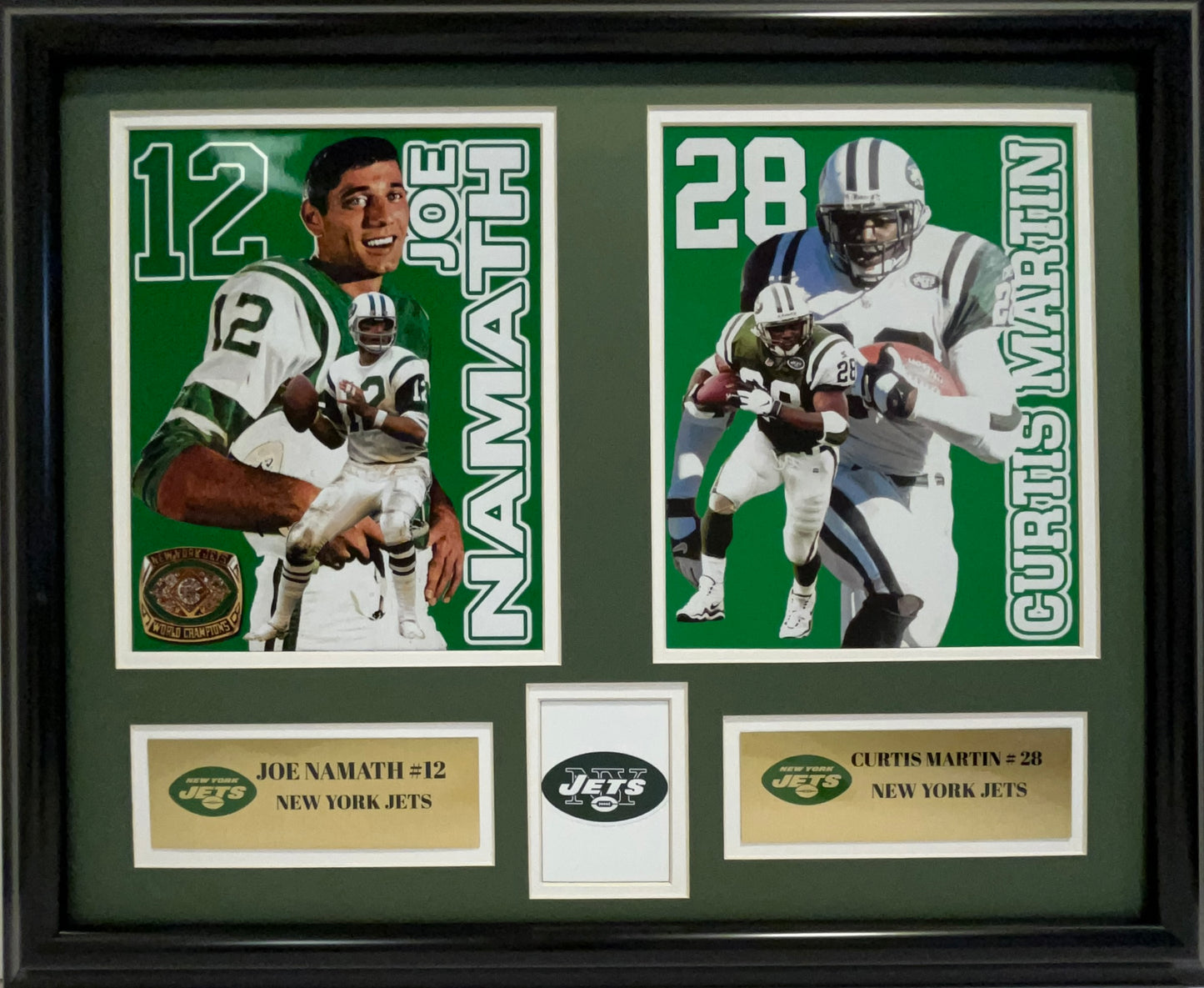 NEW YORK JETS JOE NAMATH/CURTIS MARTIN DOUBLE MATTED PHOTOS FRAMED