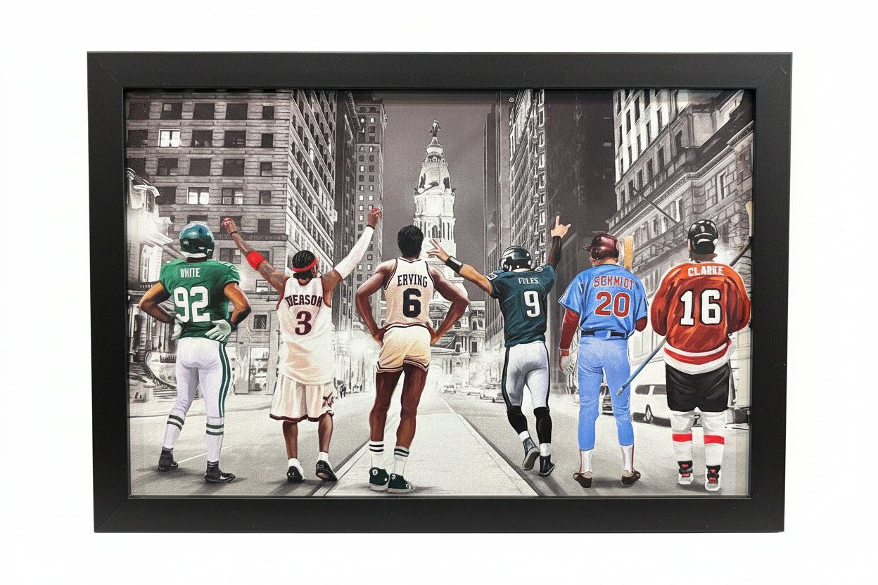 Philadelphia Legends City Hall Framed Collage Print – Iverson, Erving, Foles, Schmidt & Clarke