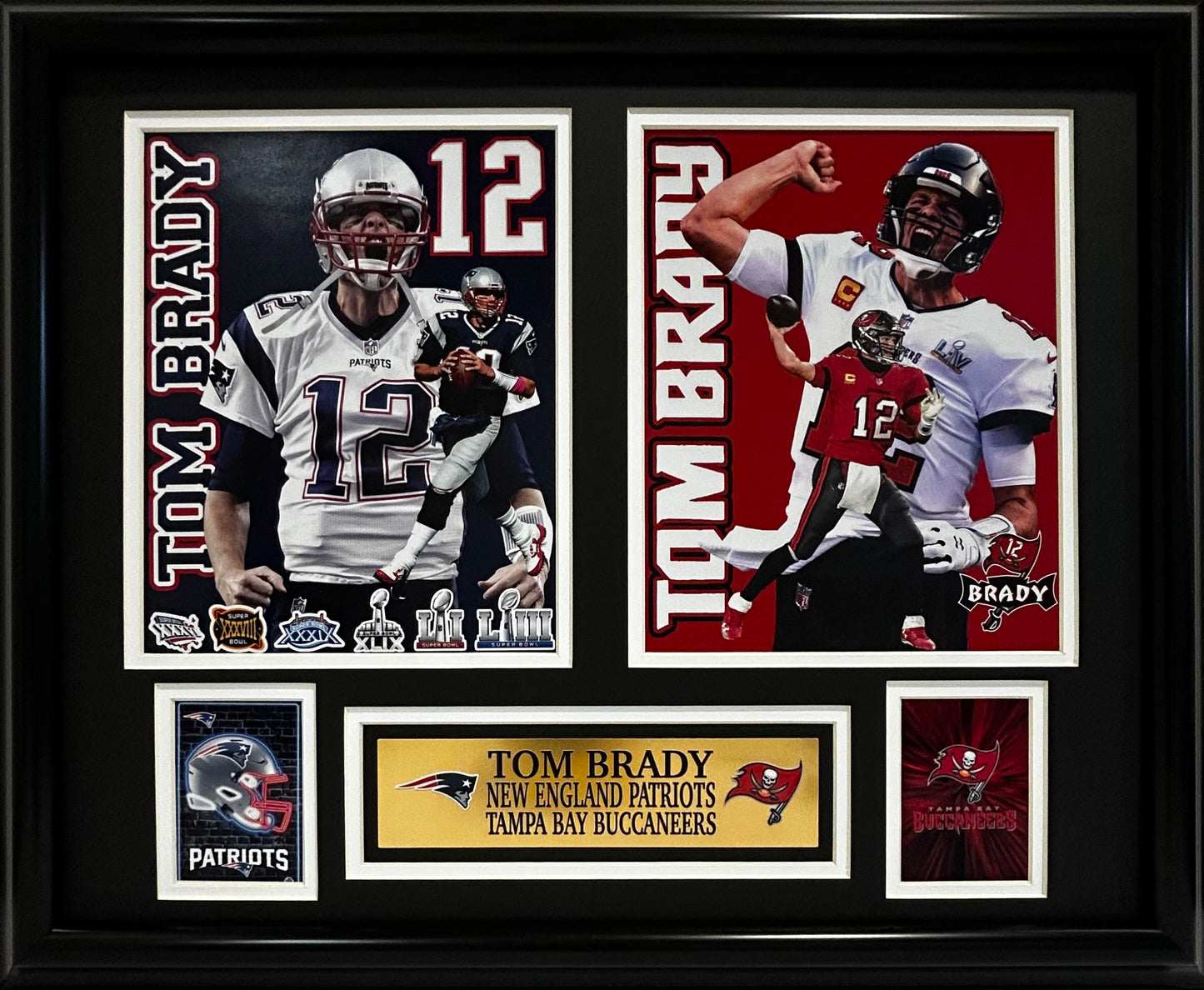 PATRIOTS/BUCCANEERS TOM BRADY DOUBLE MATTED 16X20 PHOTOS WITH FRAME