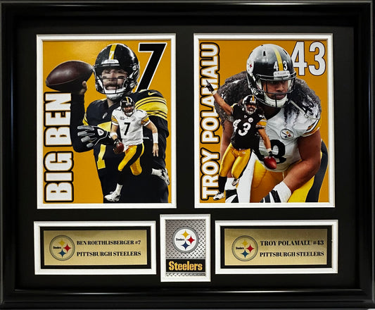 PITTSBURGH STEELERS BEN ROETHLISBERGER/TROY POLOMALU 16X20 DOUBLE MATTED PHOTOS FRAMED