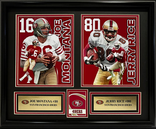 SAN FRANCISCO 49ERS JOE MONTANA/JERRY RICE 16X20 DOUBLE MATTED PHOTOS FRAMED