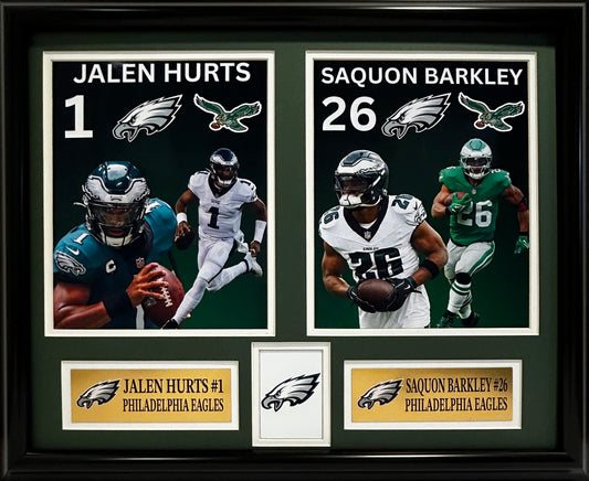 PHILADEPLHIA EAGLES JALEN HURTS/SAQUON BARKLEY 16X20 DOUBLE MATTED PHOTOS FRAMED