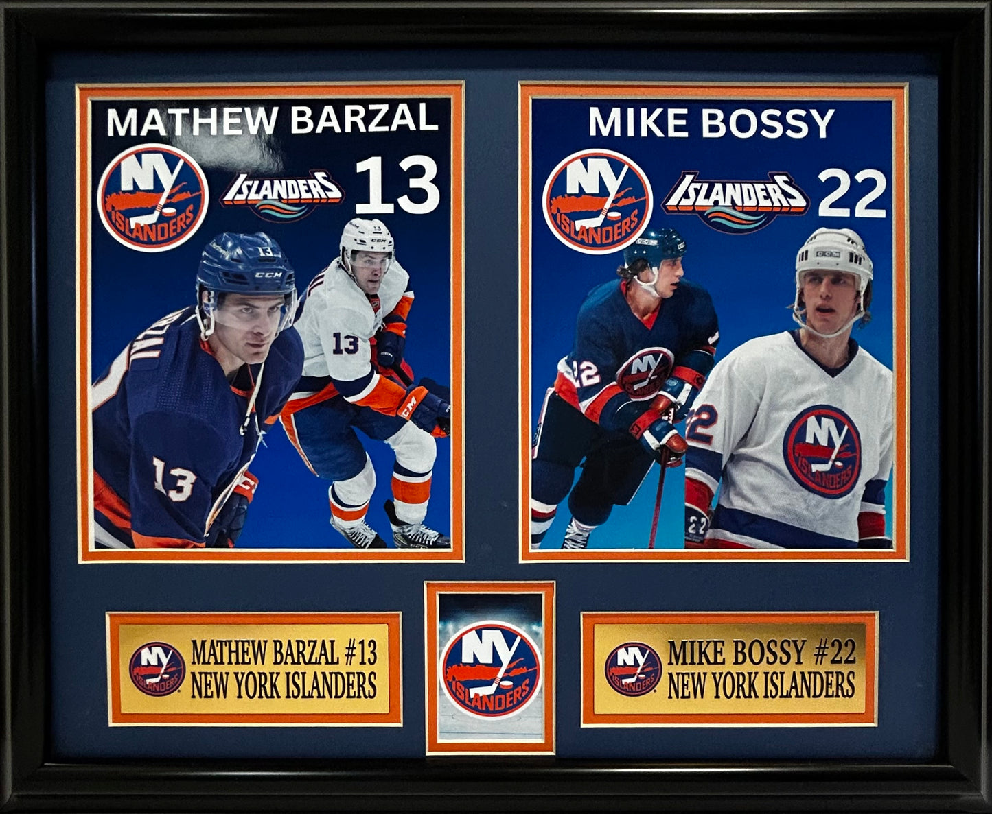 NEW YORK ISLANDERS MATHEW BARZAL/MIKE BOSSY DOUBLE MATTED PHOTOS FRAMED
