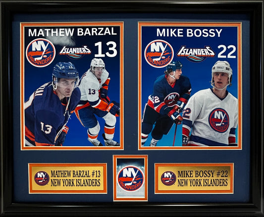 NEW YORK ISLANDERS MATHEW BARZAL/MIKE BOSSY DOUBLE MATTED PHOTOS FRAMED