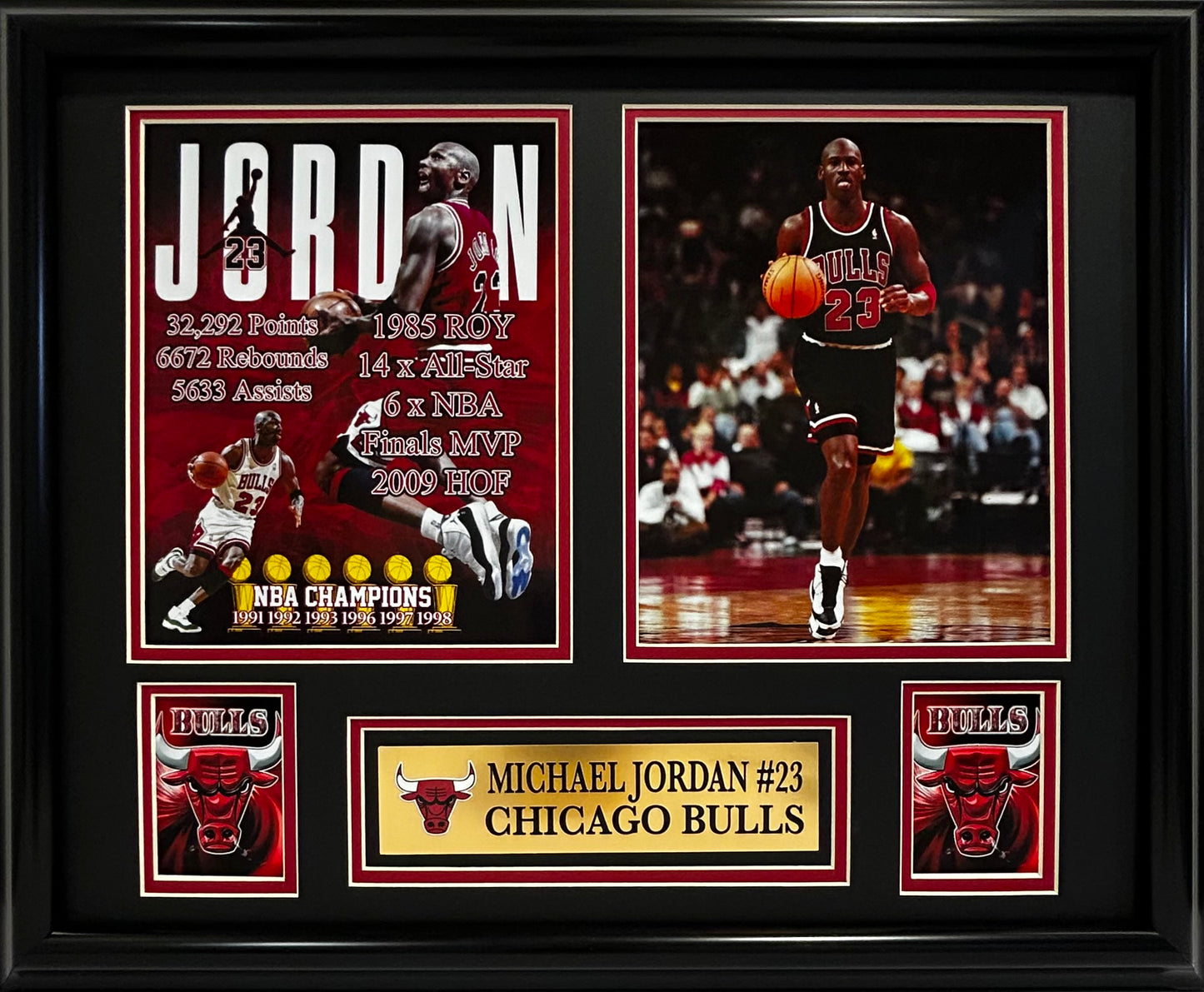 CHICAGO BULLS MICHAEL JORDAN CAREER STATS 16X20 DOUBLE MATTED PHOTOS AND FRAMED