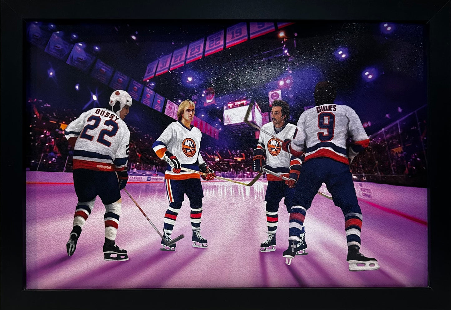 NY Islanders Champions Bossy,Trottier,Nystrom,Gillies 12x18 framed artwork print