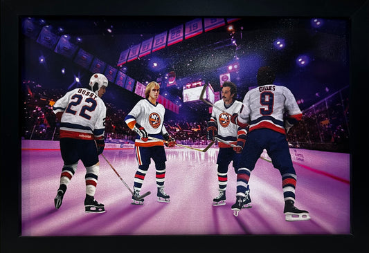 NY Islanders Champions Bossy,Trottier,Nystrom,Gillies 12x18 framed artwork print