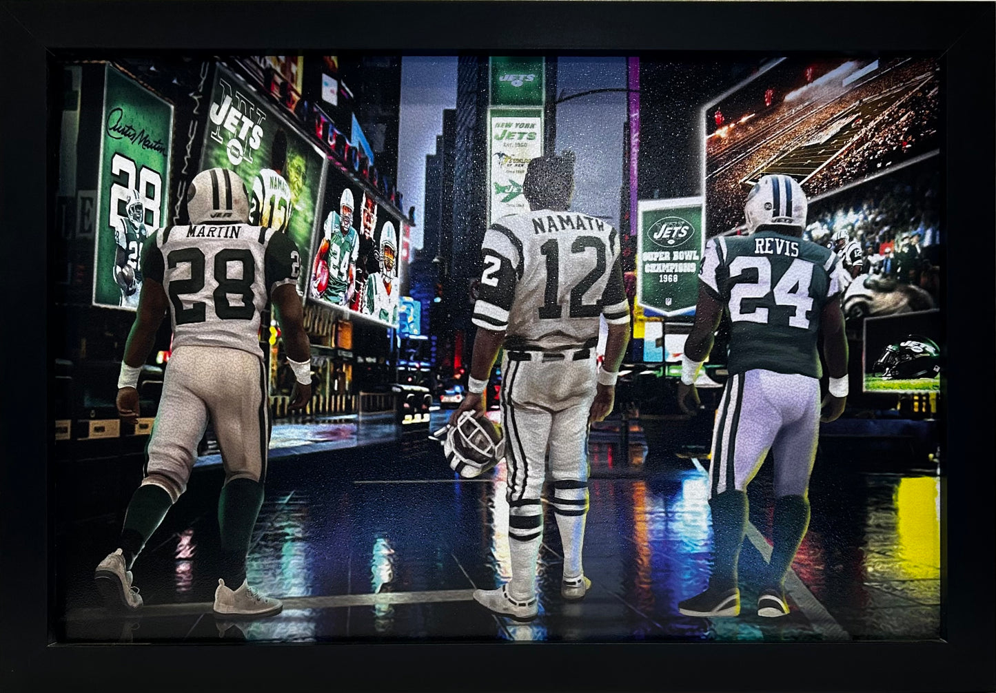 NEW YORK JETS 12X18  TIMESQUARE MARTIN,NAMATH,REVIS FRAMED ARTWORK PRINT