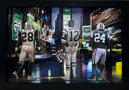 NEW YORK JETS 12X18  TIMESQUARE MARTIN,NAMATH,REVIS FRAMED ARTWORK PRINT