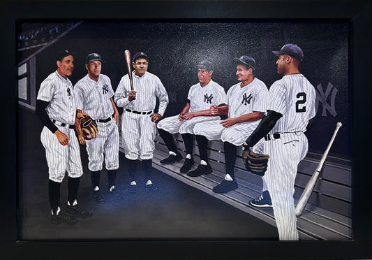 NEW YORK YANKEES GREATS BERRA,JETER,MANTLE,RUTH,DIMAGGIO,MARIS 12X18 FRAMED ARTWORK PRINT