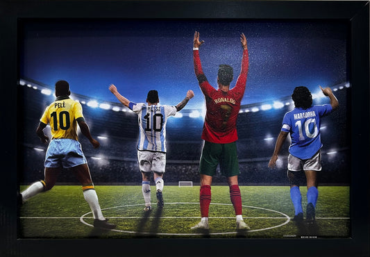 SOCCER GREATS PELE,MARADONA,MESSI,RONALDO 12X18 FRAMED ARTWORK PRINT