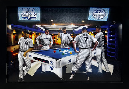 NEW YORK YANKEES LOCKEROOM JUDGE,RIVERA,JETER,MANTLE,RUTH 12X18 FRAMED ARTWORK PRINT