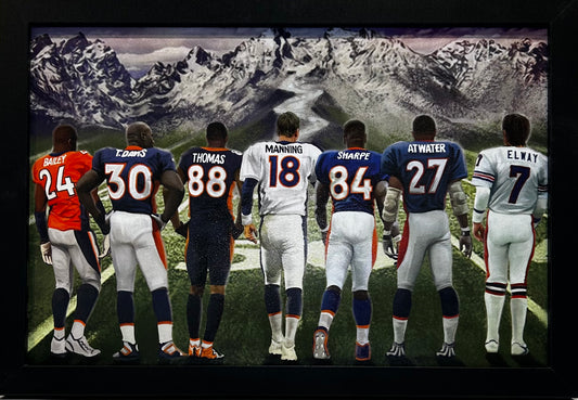 DENVER BRONCOS GREATS DAVIS,MANNING,ELWAY,THOMAS BAILEY 12X18 FRAMED ARTWORK PRINT