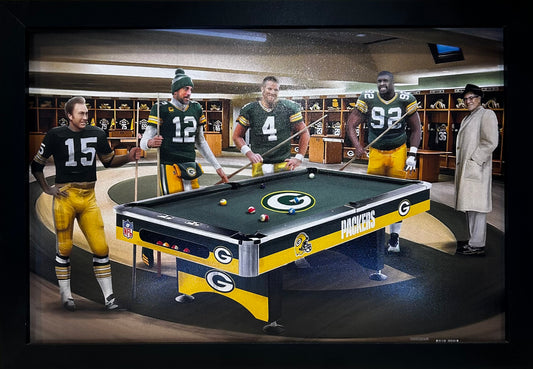 GREEN BAY PACKERS LOCKEROOM STARR,RODGERS,FAVRE,WHITE,LOMBARDI 12X18 FRAMED ARTWORK PRINT