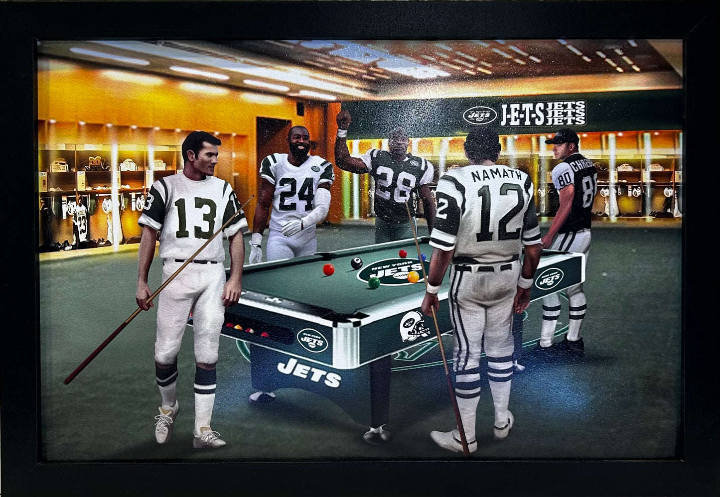 NEW YORK JETS LOCKEROOM NAMATH,MAYNARD,CHREBET,MARTIN,REVIS 12X18 FRAMED ARTWORK PRINT