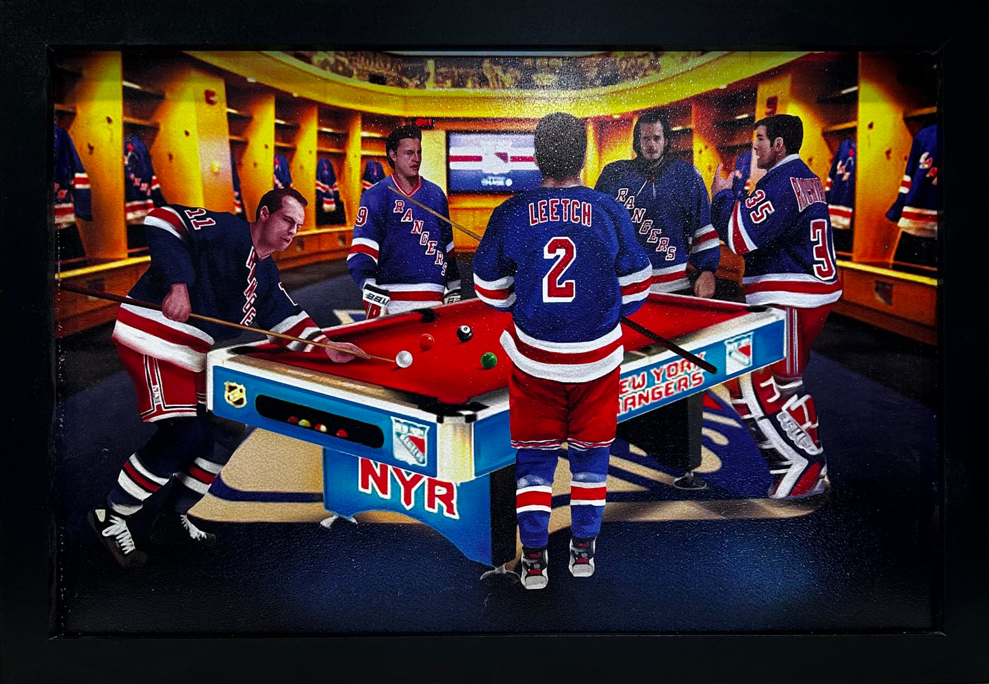 NEW YORK RANGERS LOCKEROOM SHESTERKIN,LEETCH,MESSIER,GRAVES,RICHTER 12X18 FRAMED ARTWORK PRINT