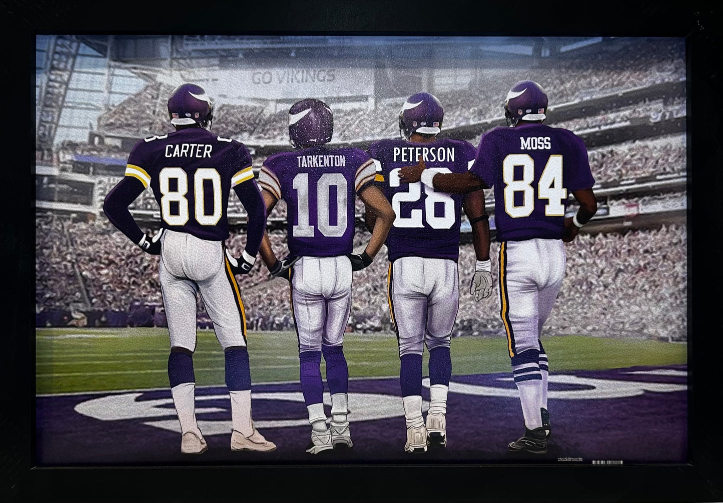 MINNESOTA VIKINGS GREATS CARTER,TARKENTON,PETERSON,MOSS 12X18 FRAMED ARTWORK PRINT