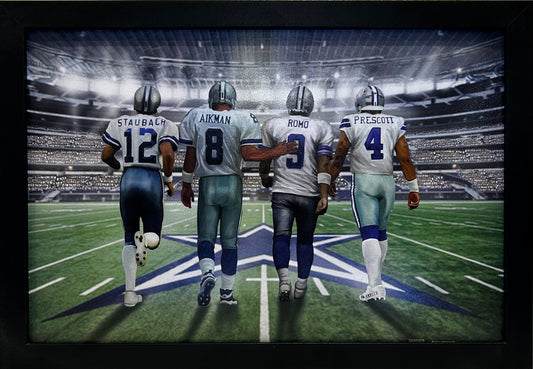 DALLAS COWBOYS QUATERBACKS STAUBACH,AIKMAN,ROMO,PRESCOTT 12X18 FRAMED ARTWORK PRINT