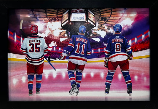 NEW YORK RANGERS GARDEN RICHTER,MESSIER,GRAVES 12X18 FRAMED ARTWORK PRINT
