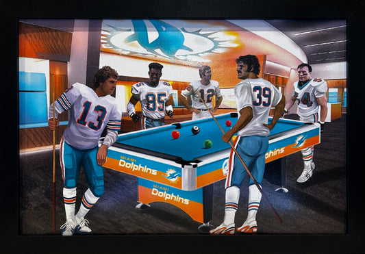 MIAMI DOLPHINS LOCKEROOM MARINO,DUPER,THOMAS,GRIESE,CZONKA 12X18 FRAMED ARTWORK PRINT