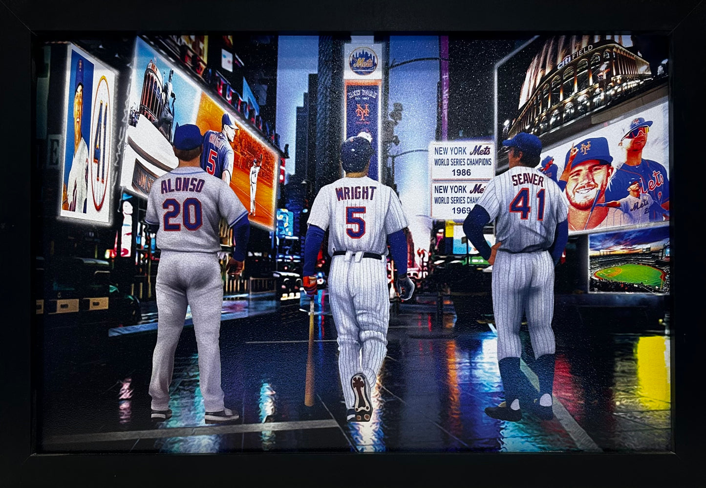 NEW YORK METS TIMESQUARE ALONSO,WRIGHT,SEAVER 12X18 FRAMED ARTWORK PRINT
