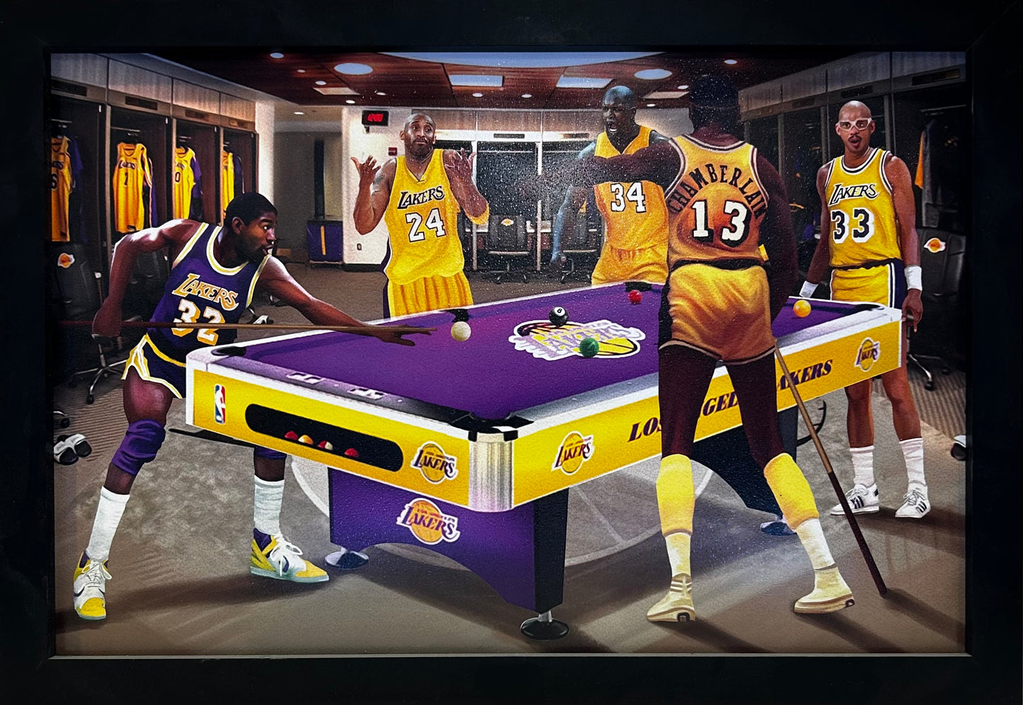 LOS ANGELES LAKERS LOCKEROOM BRYANT,JOHNSON,JABARR,CHAMBERLIN,ONEAL 12X18 FFRAMED ARTWORK PRINT