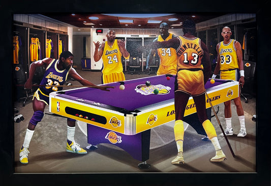 LOS ANGELES LAKERS LOCKEROOM BRYANT,JOHNSON,JABARR,CHAMBERLIN,ONEAL 12X18 FFRAMED ARTWORK PRINT