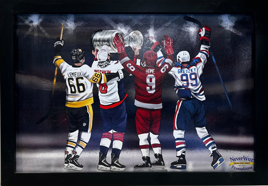 HOCKEY GREATS LEMIEUX,OVECHKIN,HOWE,GRETZKY 12X18 FRAMED ARTWORK PRINT