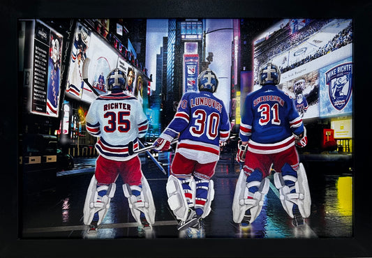 NEW YORK RANGERS 3 GOALIES IN TIMESQUARE RICHTER,LUNDQVIST,SHESTERKIN 12X18 FRAMED ARTWORK PRINT