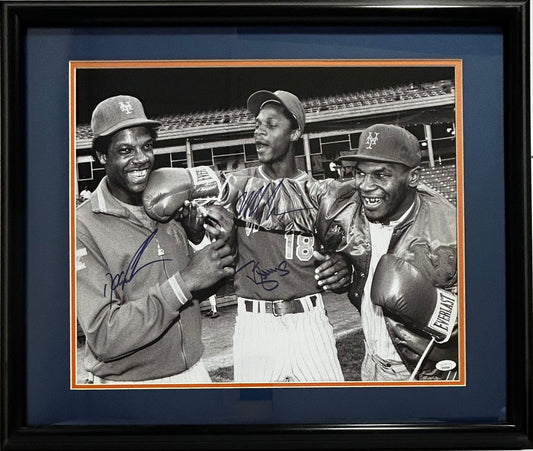 NEW YORK METS SIGNED 16X20 FRAMED DOUBLE MATTED 20X24 MIKE TYSON,DOC GOODEN,DARRYL STRAWBERRY