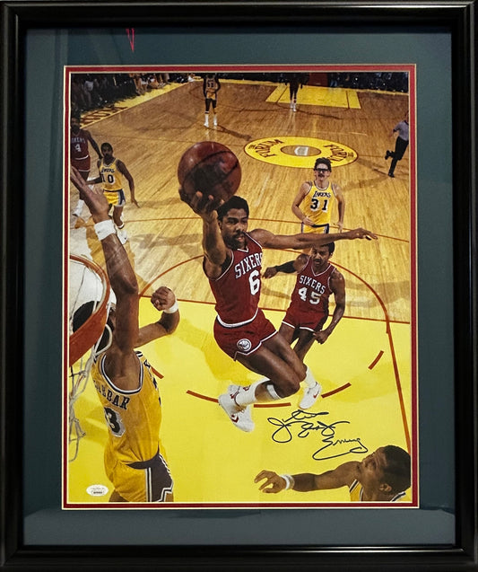 PHILADELPHIA 76ERS DR J JULIUS IRVING SIGNED 16X20 PHOTO DOUBLE MATTED AND FRAMED 20X24 CERTIFIED JSA
