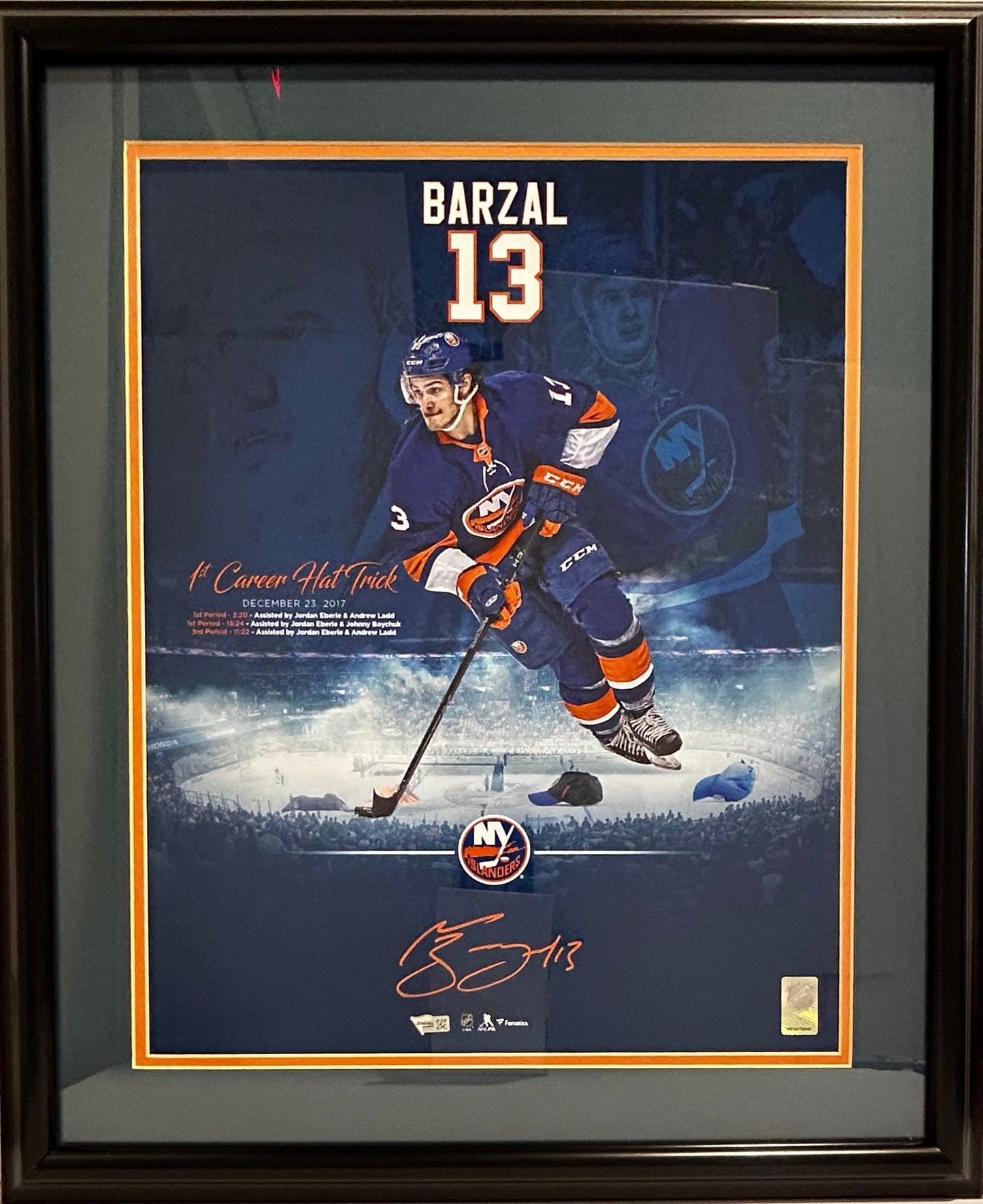 NEW YORK ISLANDERS MATHEW BARZAL SIGNED 16X20 PHOTO DOUBLE MATTED AND FRAMED 20X24 CERTIFIED FANATICS