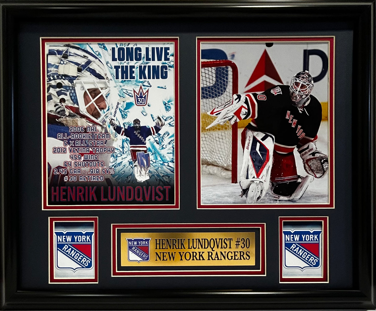 NEW YORK RANGERS HENRIK LUNDQVIST CAREER STATS 16X20 DOUBLE MATTED PHOTOS AND FRAME