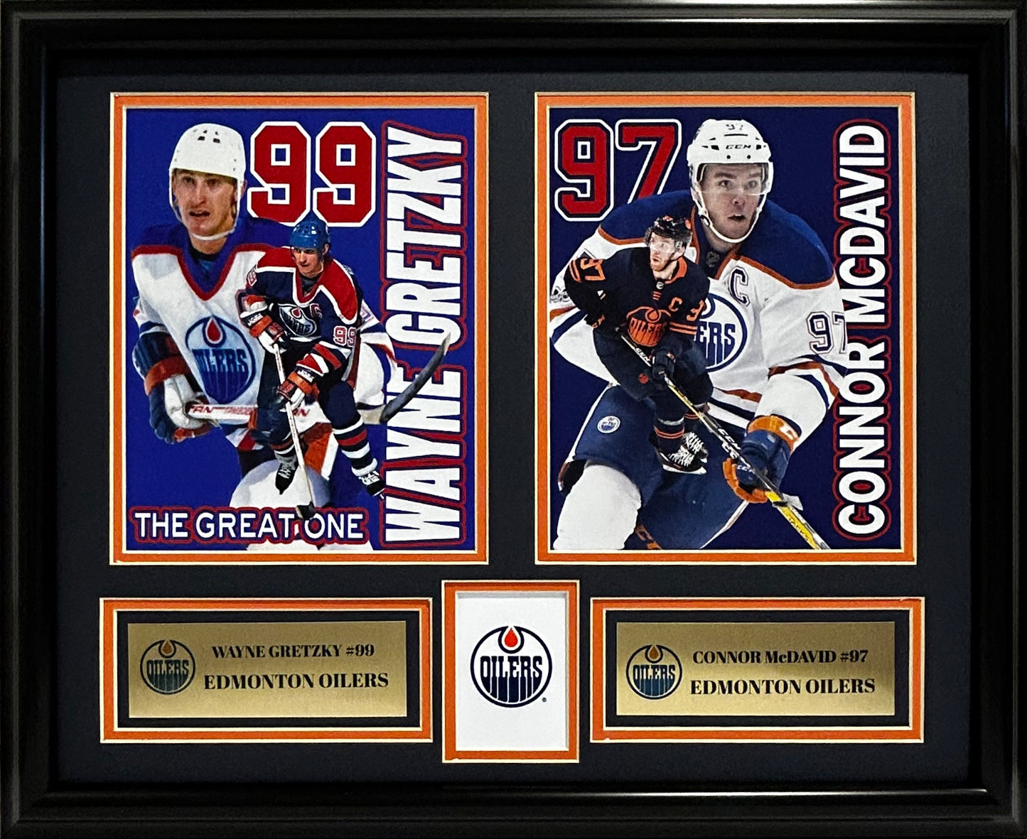 EDMONTON OILERS WAYNE GRETZKY/CONNOR MCDAVID 16X20  PHOTOS DOUBLE  MATTED WITH FRAME